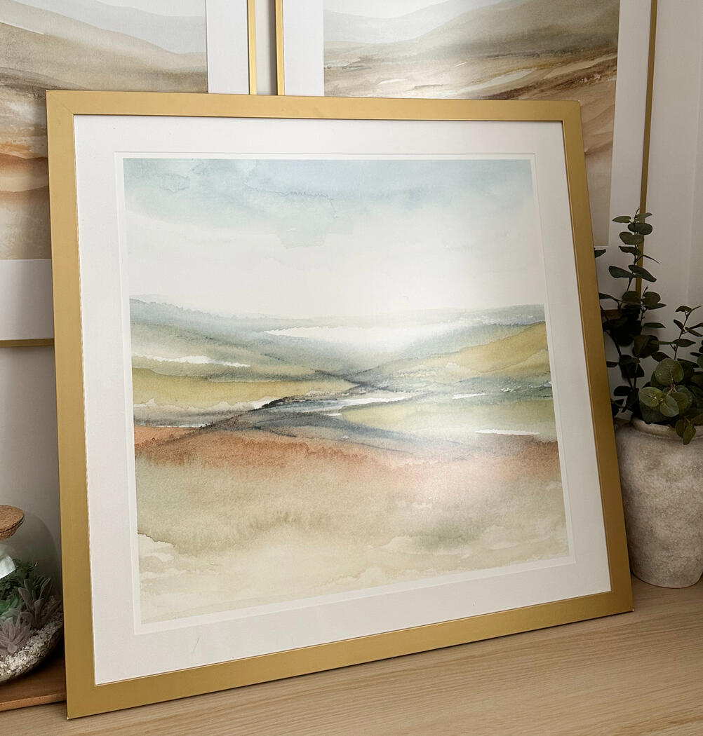 Modern, abstract watercolour landscape painting in neutral earthy colours