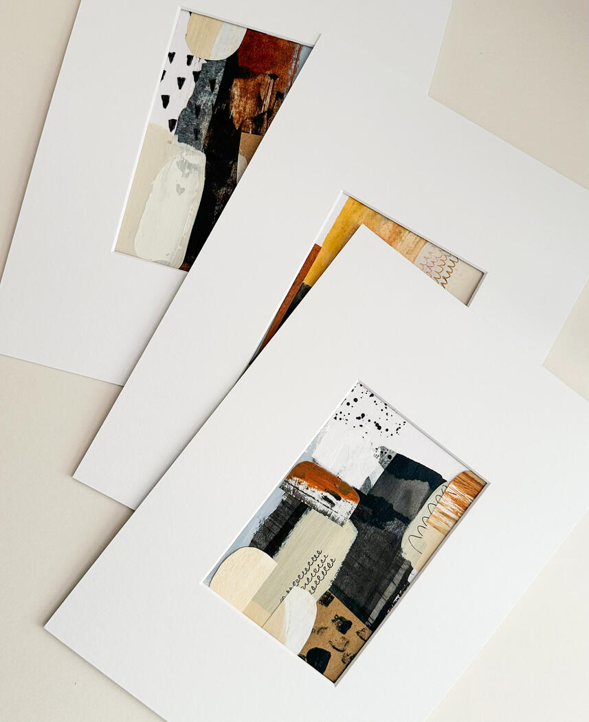 Original Abstract collages mounted in clean, white picture mounts.