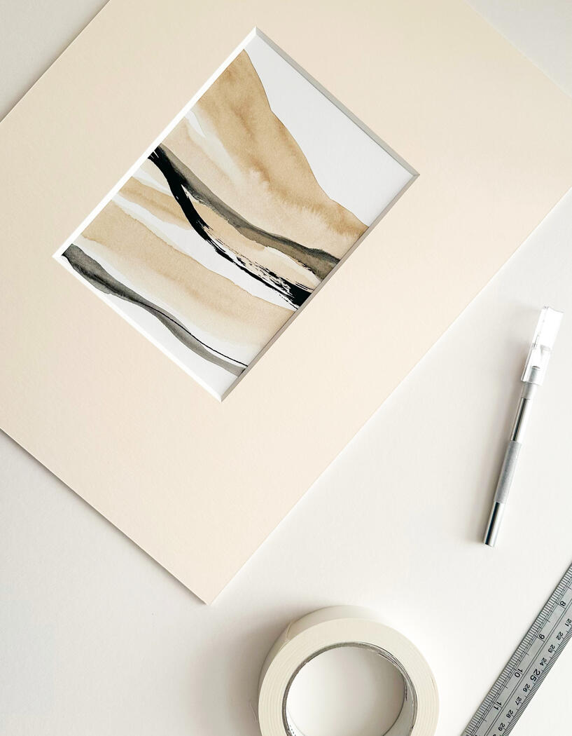 Modern watercolour painting window mounted in a soft white mount.